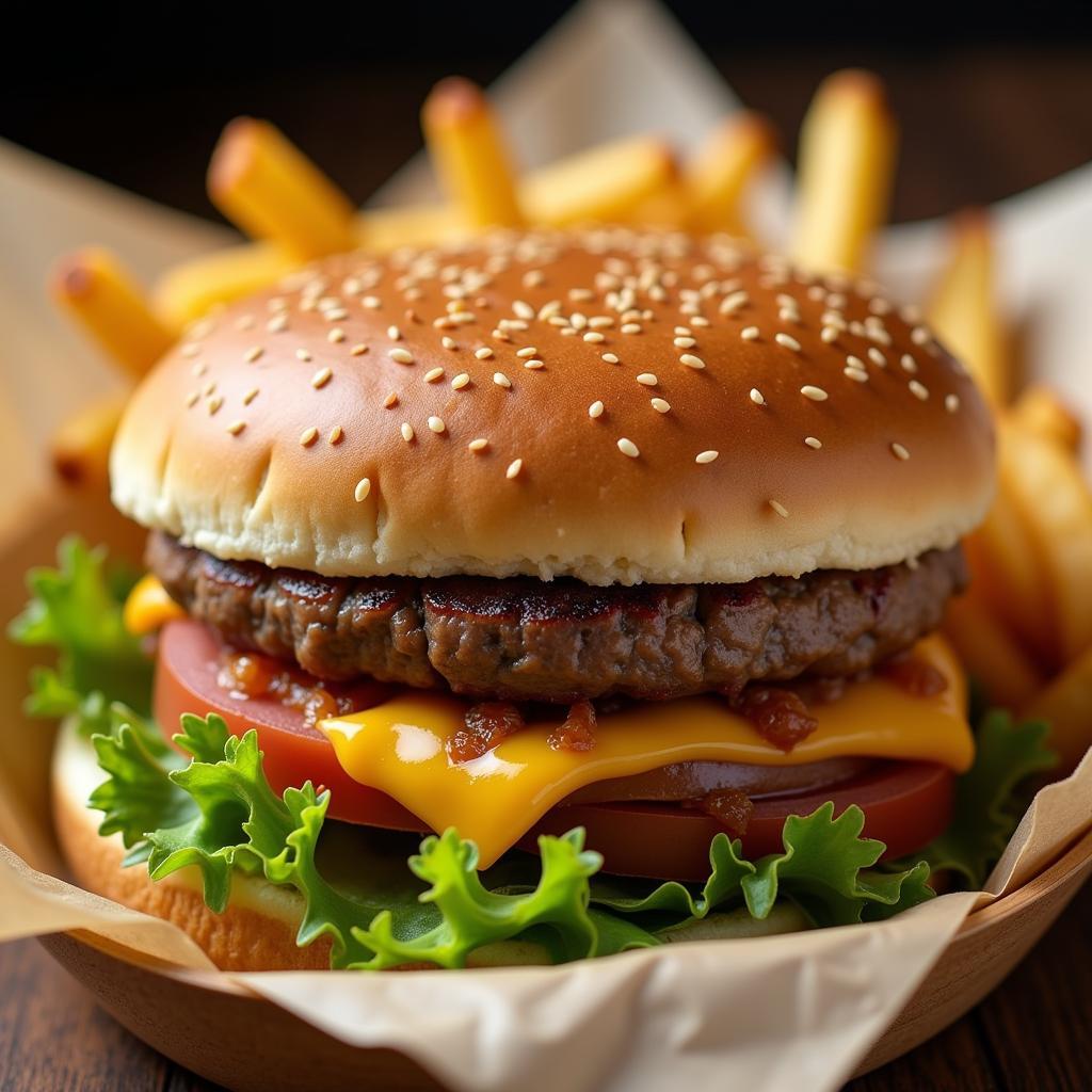 Delicious Burger and Fries in a Paper Basket Liner