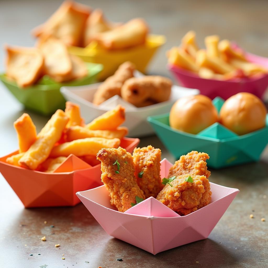 Assortment of colorful paper boats filled with various snacks