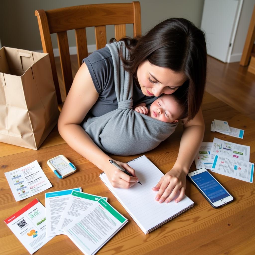 Parent creating a grocery list while holding their baby