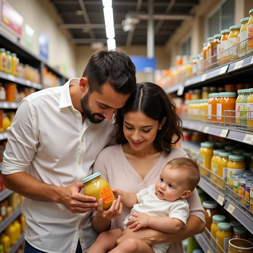 Parents Choosing Kosher Baby Food in Supermarket