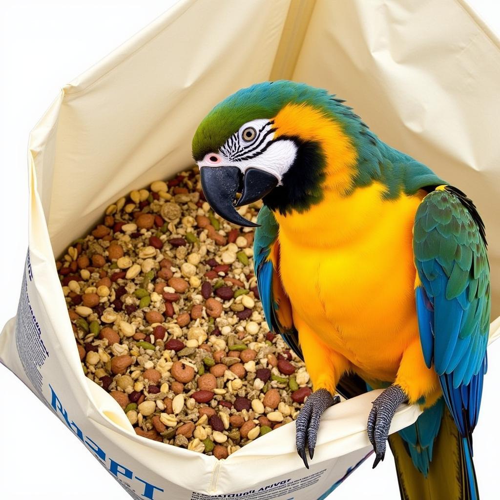 A colorful parrot enjoying a healthy meal from a 50lb bag of parrot food