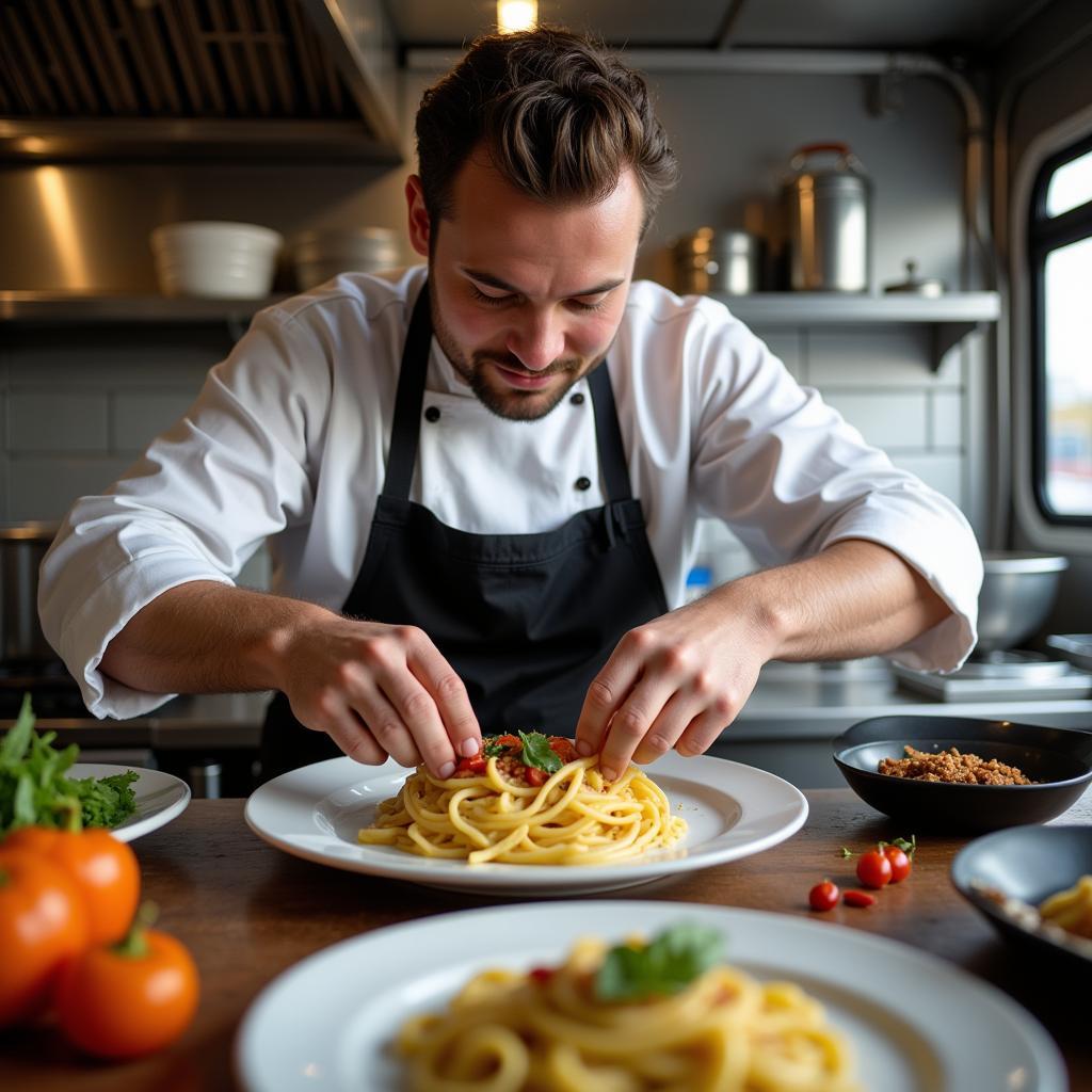 Chef Preparing a Gourmet Pasta Dish Inside a Food Truck