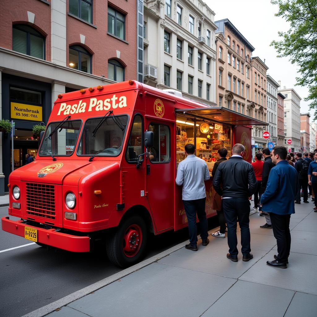 Pasta Food Truck Serving Customers on a Busy Street