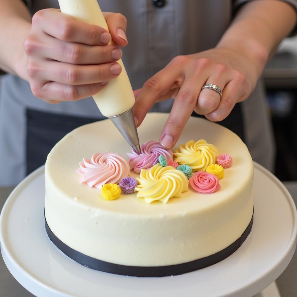 Pastry Chef Piping Colorful Cream onto a Cake