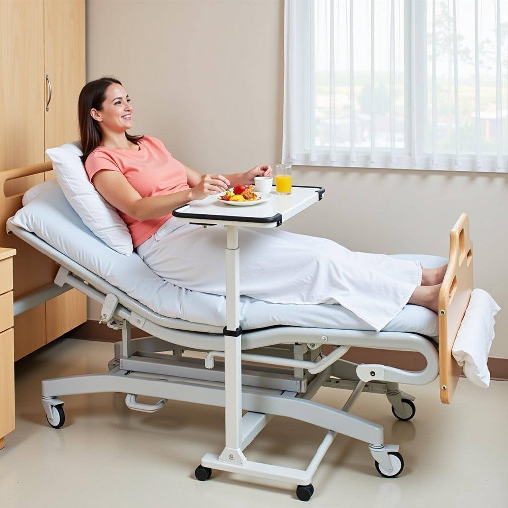 Patient Using Adjustable Hospital Food Tray on Wheels