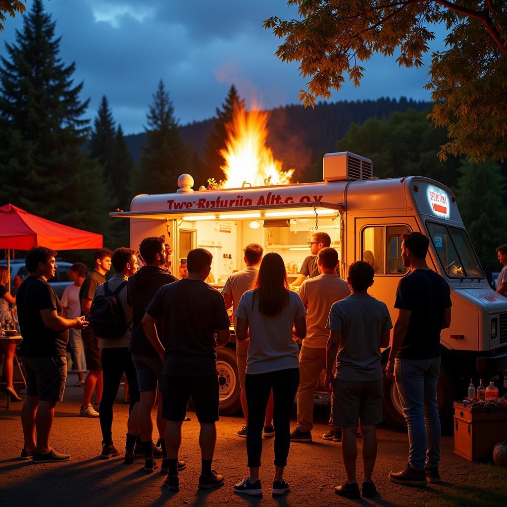 Enjoying Delicious Campfire Hot Dogs at a Food Truck