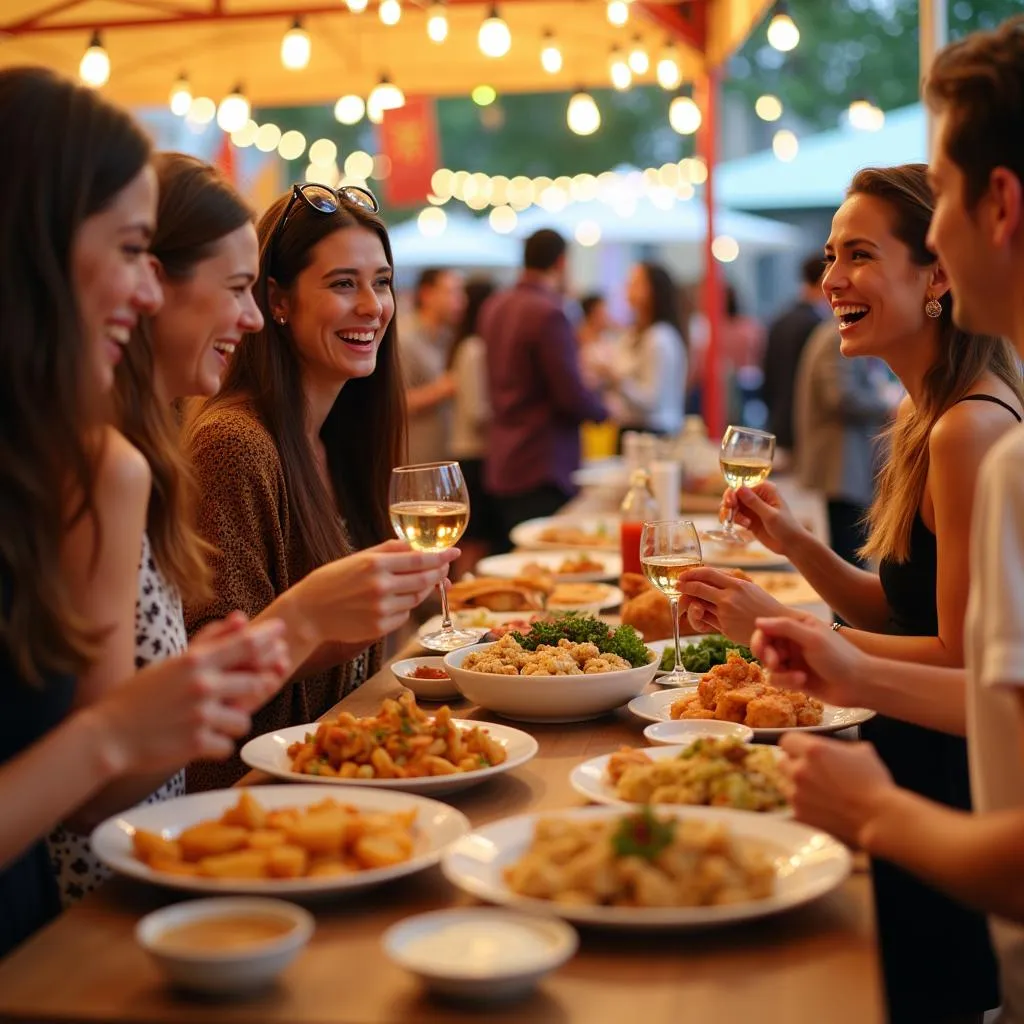 Group of friends enjoying diverse food at a festival