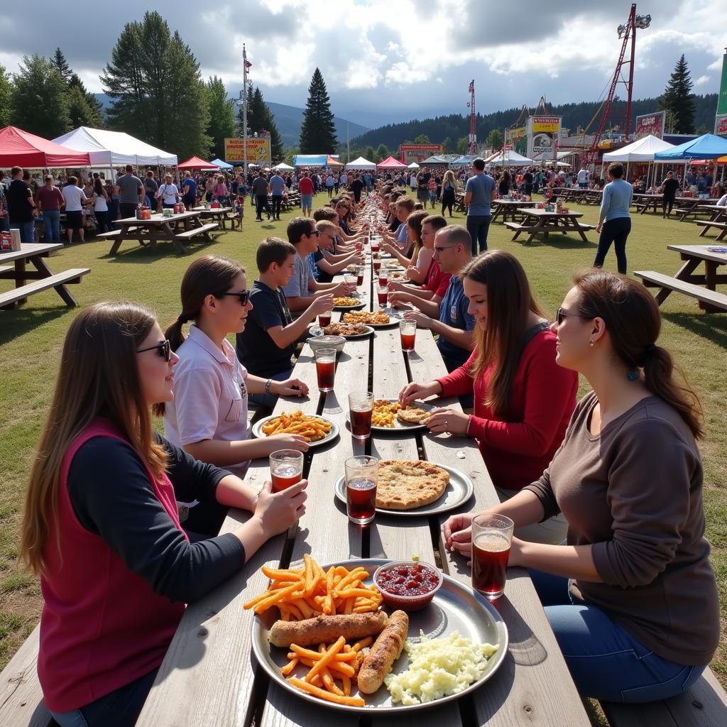 People enjoying a variety of food at picnic tables at the Puyallup Fair