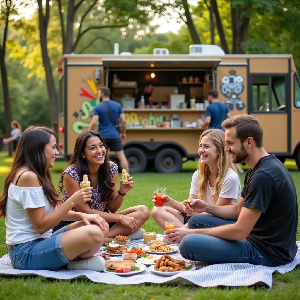 Group of friends enjoying their meals from an evo food truck in a park setting