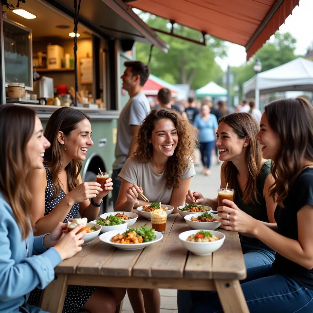 People sitting at picnic tables enjoying a meal from a bowls and rolls food truck.