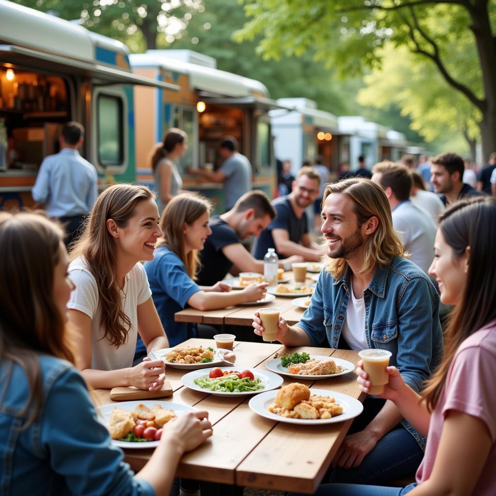 People sitting at picnic tables enjoying food truck meals