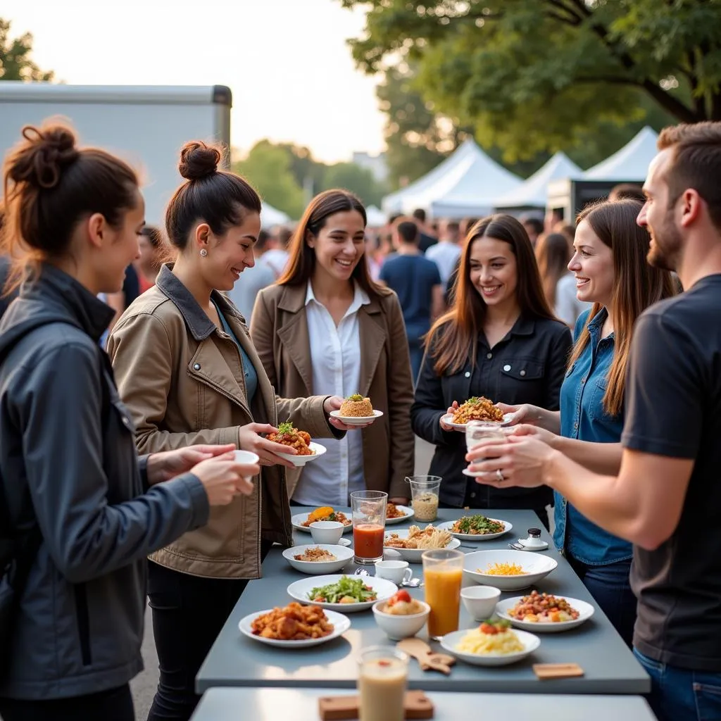 A diverse group of people enjoys food and conversation around a hunger tech food truck at a vibrant community event.