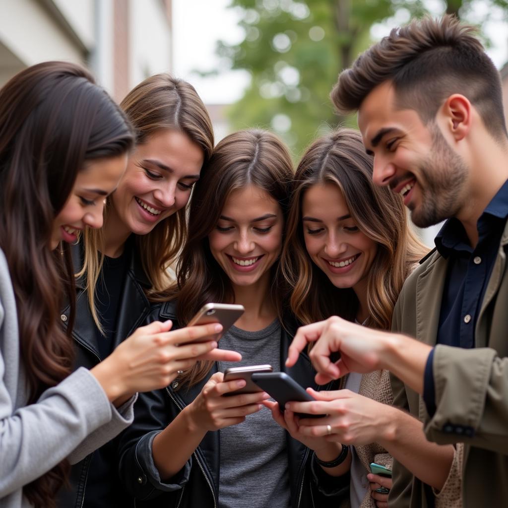 Group of friends using a food truck finder app to locate nearby options