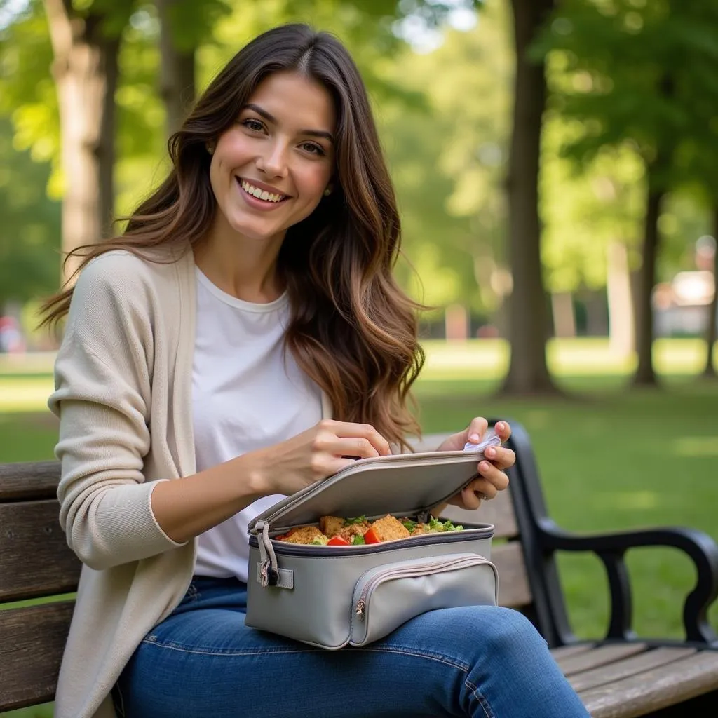 Person enjoying a hot meal outdoors from their lunch box