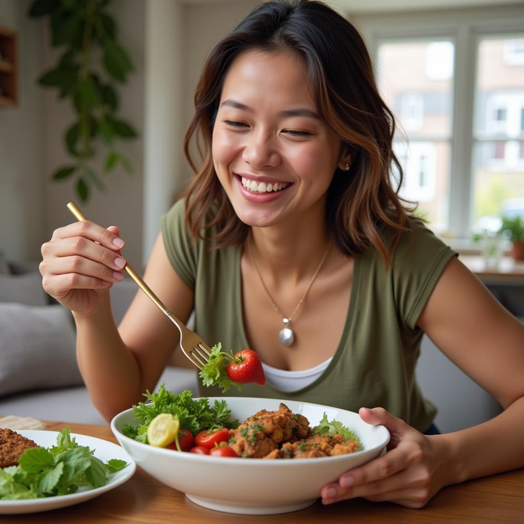 A person smiling while eating a delicious raw food meal delivered to their home