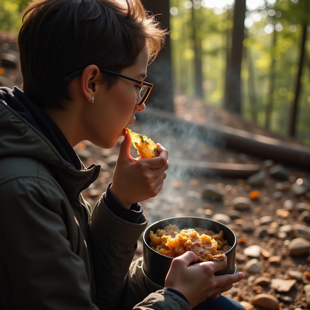 A person enjoying a self-heating meal while camping