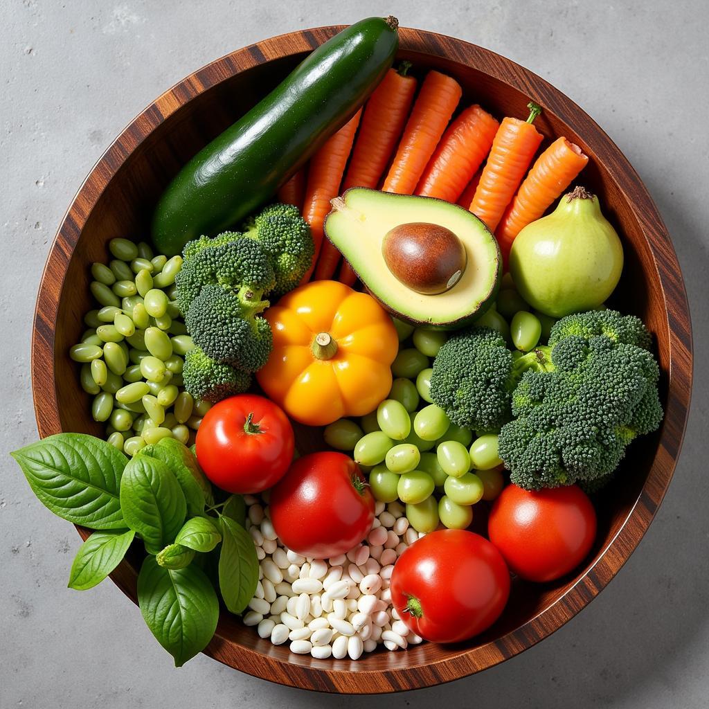 A person smiles while holding a basket overflowing with vibrant fruits and vegetables.