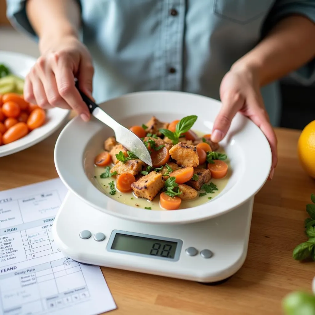 Person using diabetes food scale with meal plan