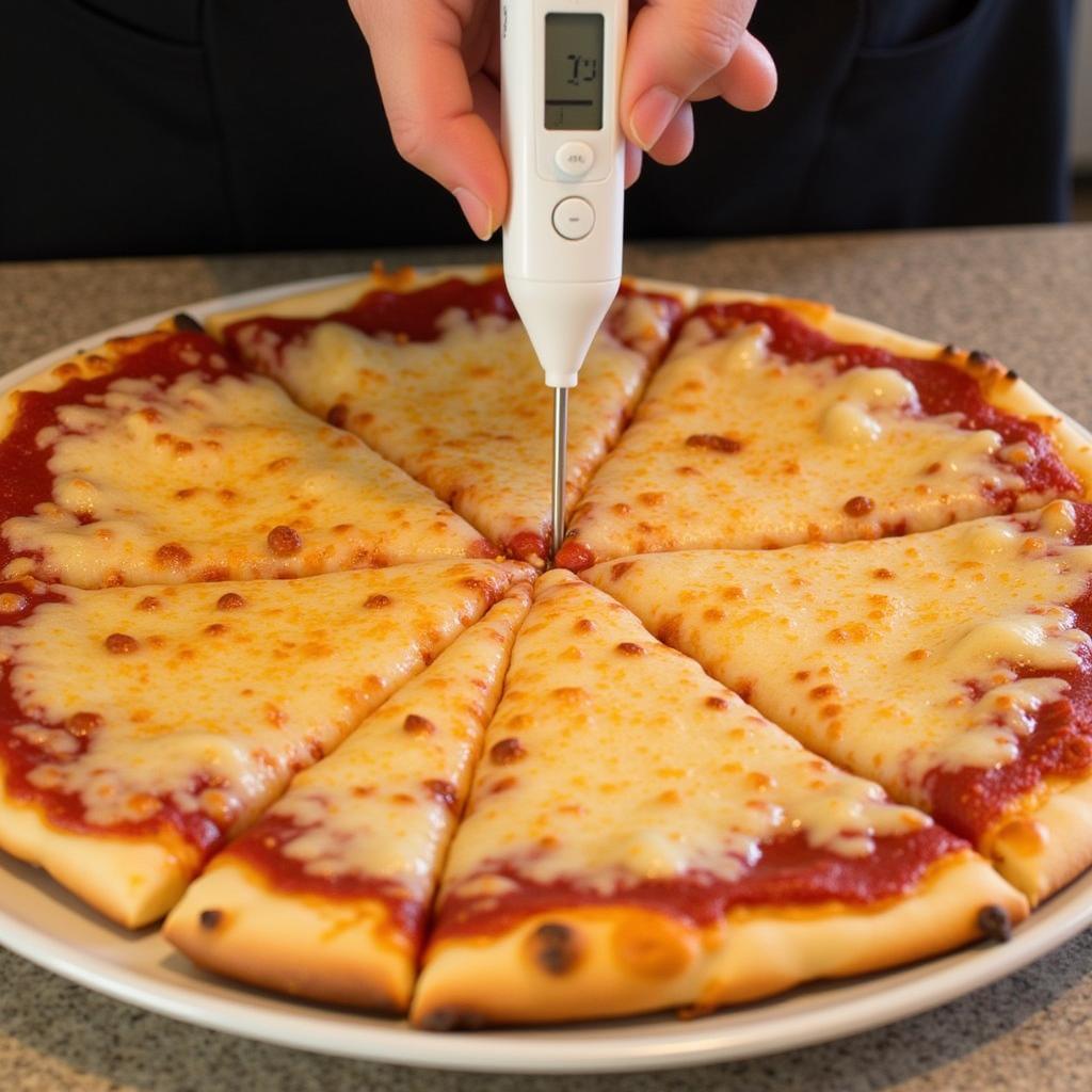 A person using a food thermometer to check the internal temperature of a cooked frozen pizza.