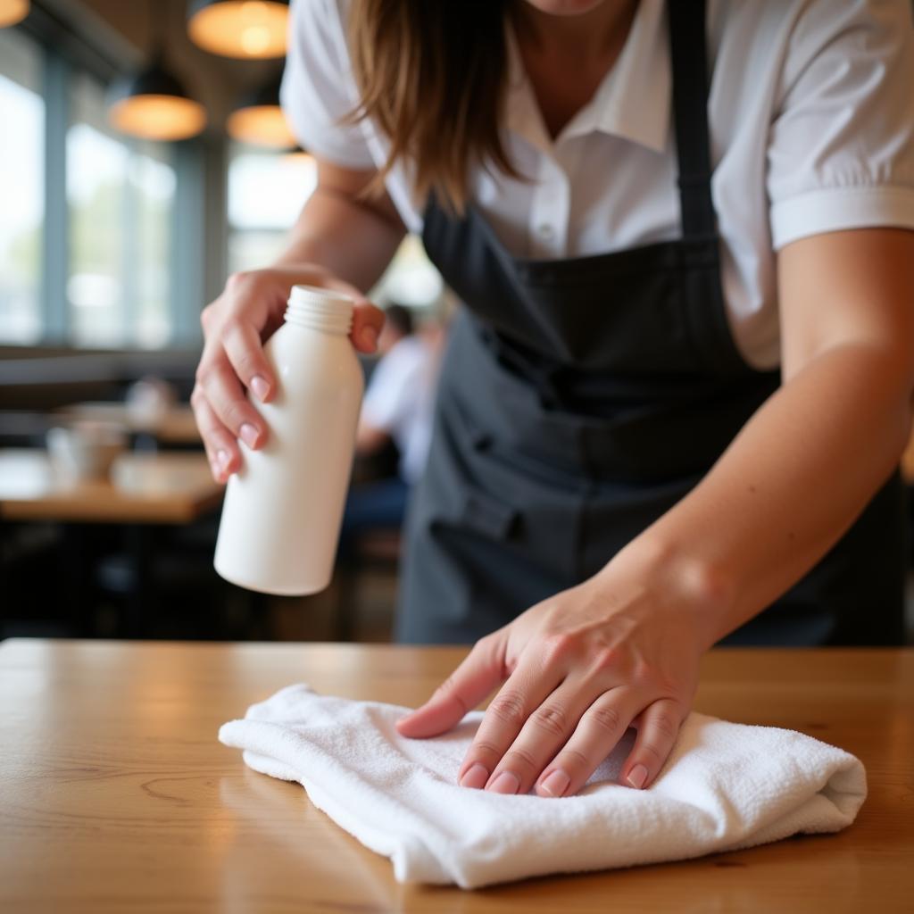  Cleaning a table with a food safe sanitizing wipe