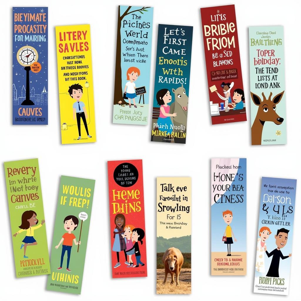  A set of personalized bookmarks featuring different book covers and the birthday child's name.