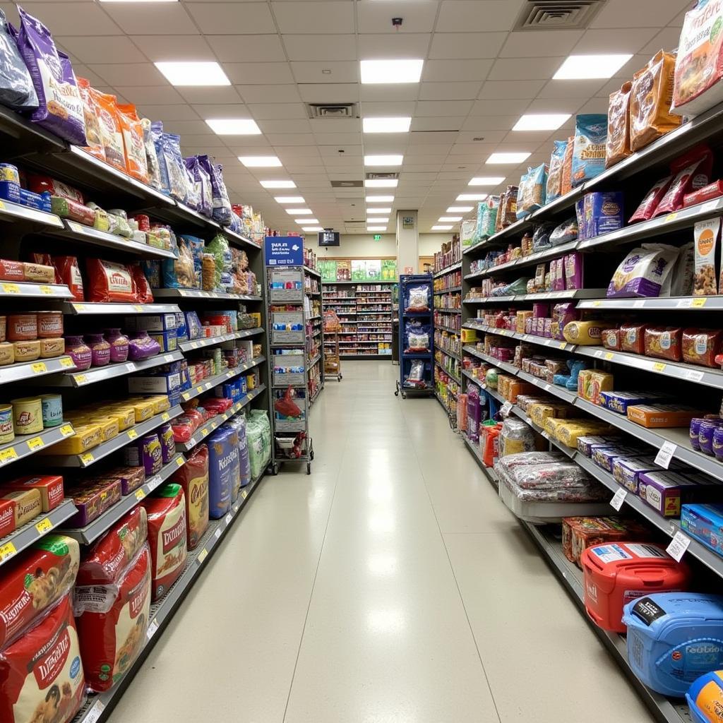 Wide Aisles Stocked with Pet Food and Supplies