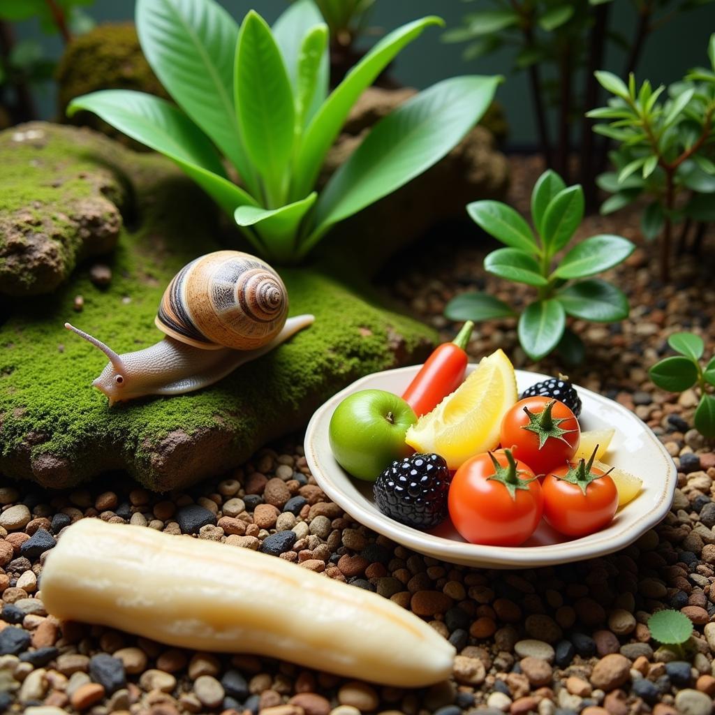 A pet snail in a terrarium with a variety of food