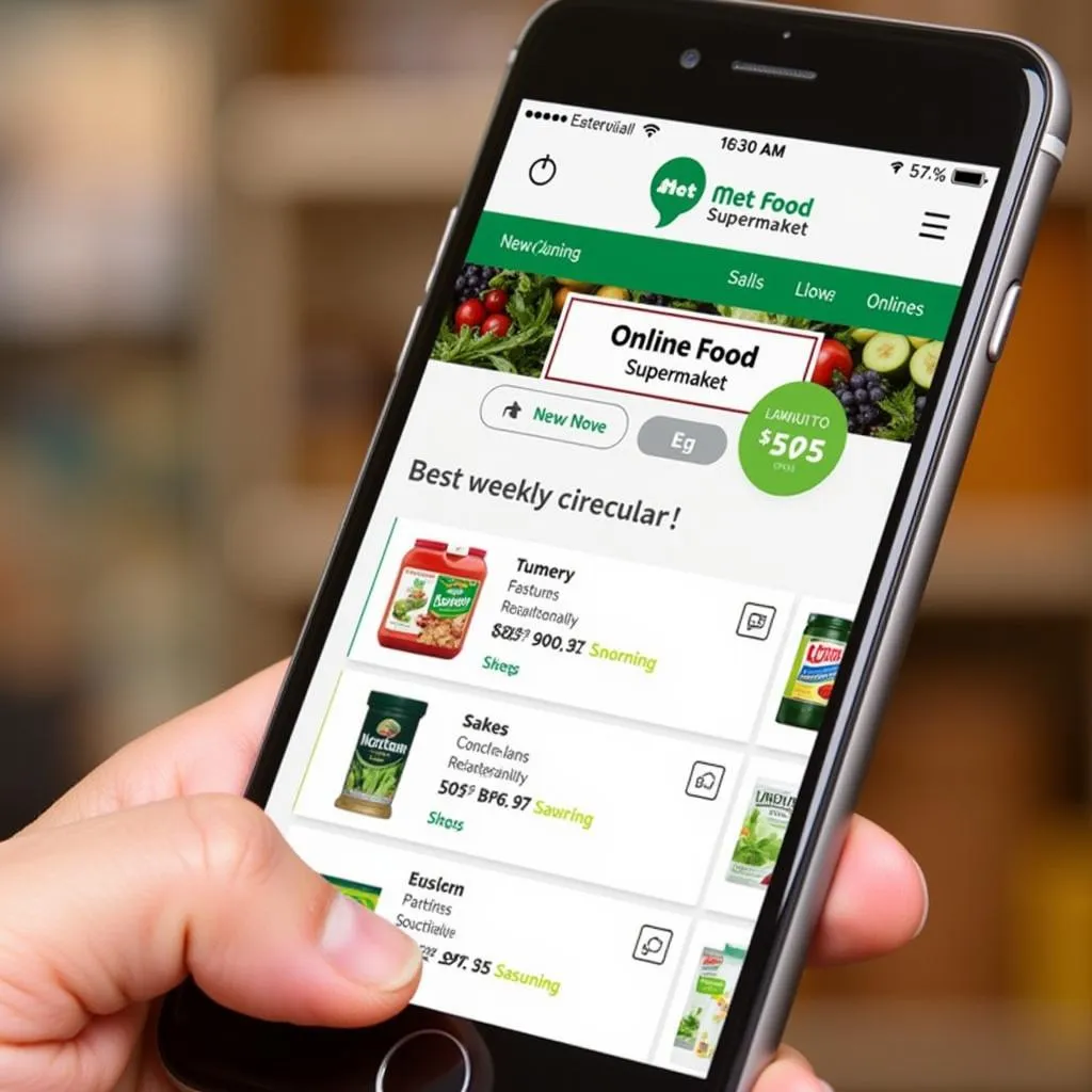 A smartphone displays the Met Food Supermarket website featuring their weekly circular, accessible with a single tap.