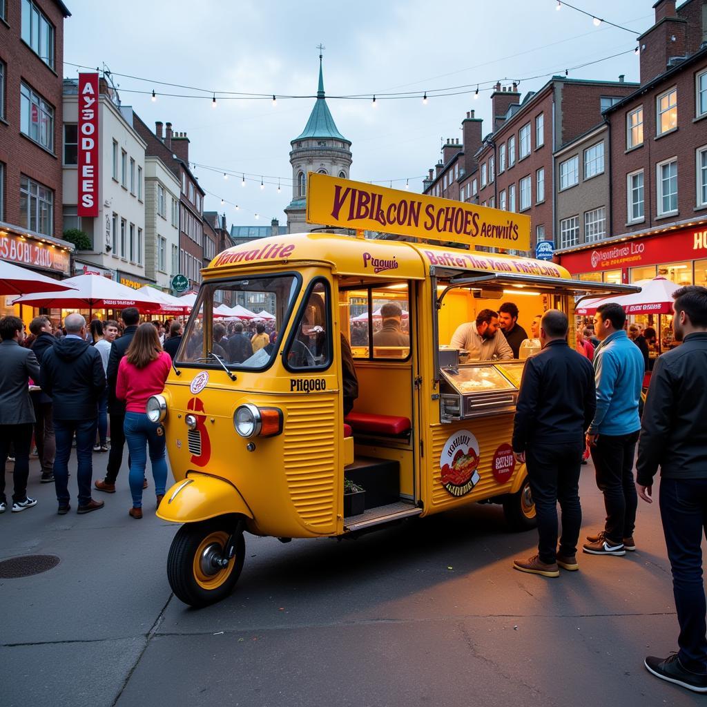 Piaggio Ape food truck serving customers at a bustling market