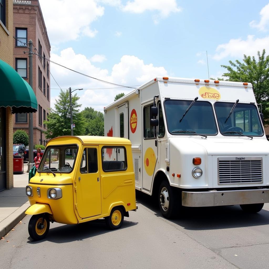 Comparison of a Piaggio Ape food truck and a traditional food truck