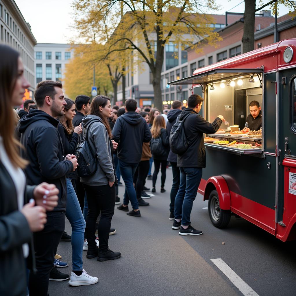 Piaggio food truck serving a line of eager customers