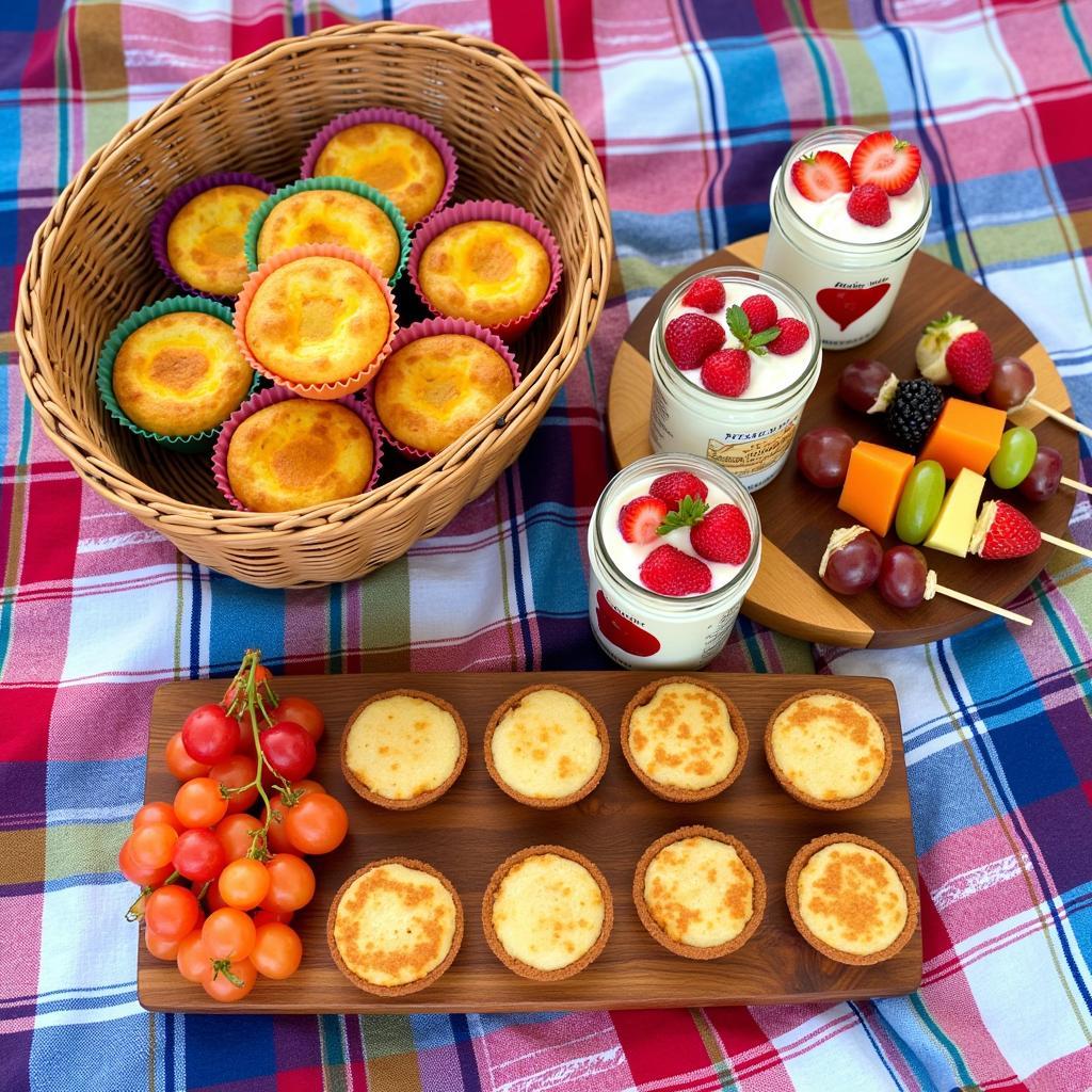 Picnic breakfast spread with quiches, skewers, and parfaits