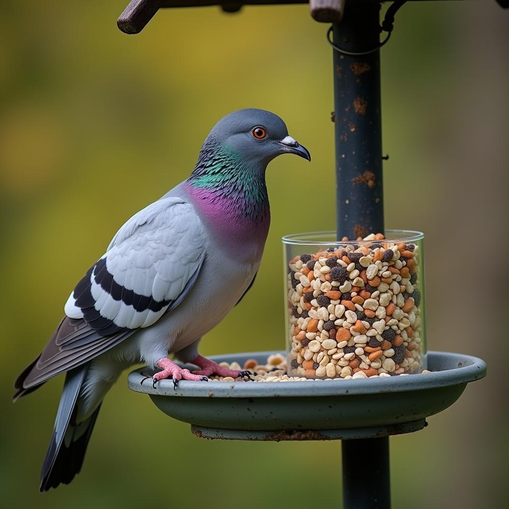 A pigeon eating food from a feeder