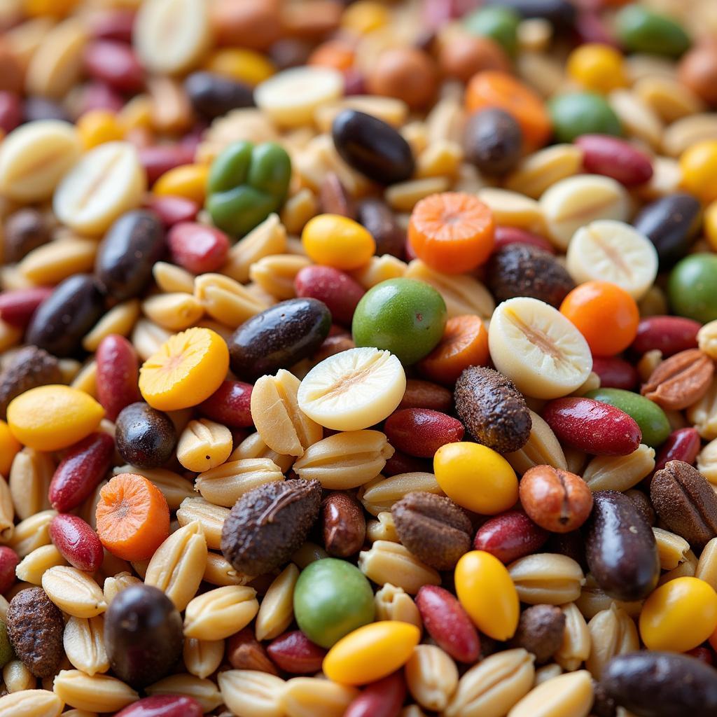 Close-up of various pigeon food mix ingredients