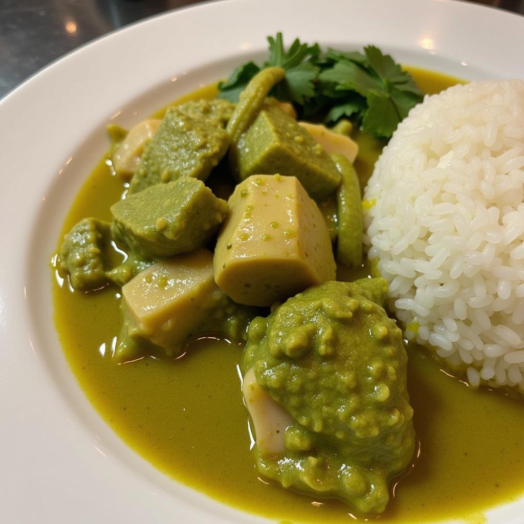 A steaming bowl of Pim's Thai green curry served with rice