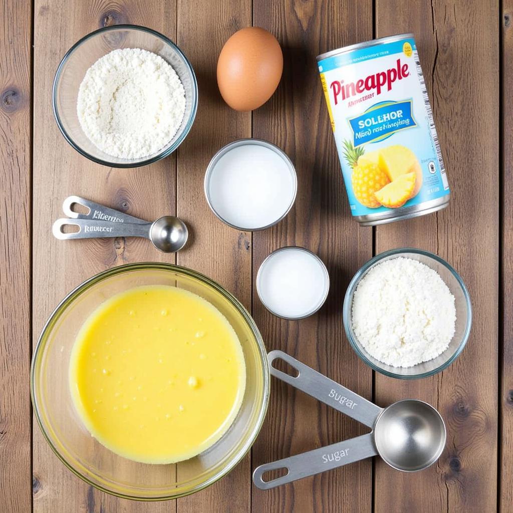 Ingredients for making pineapple angel food cake arranged on a table.