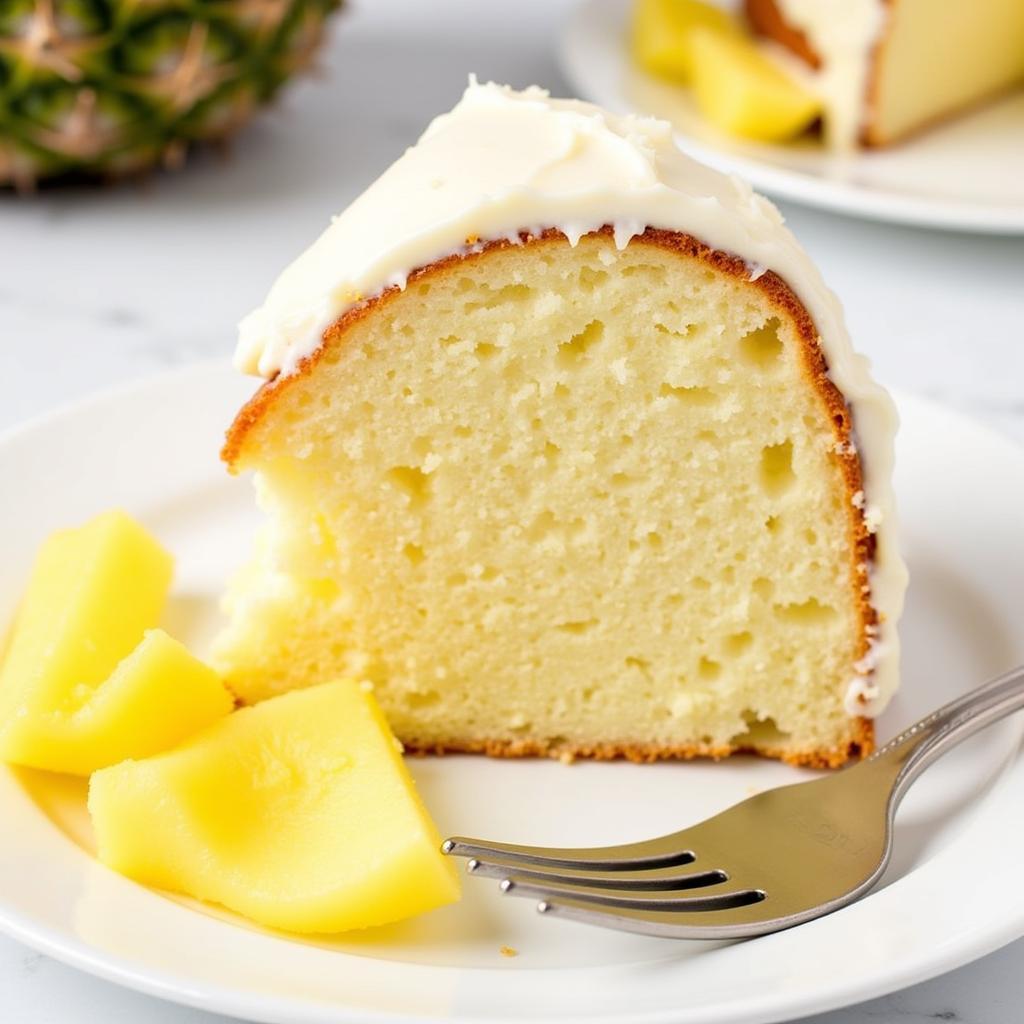 A slice of pineapple angel food cake on a plate with a fork.