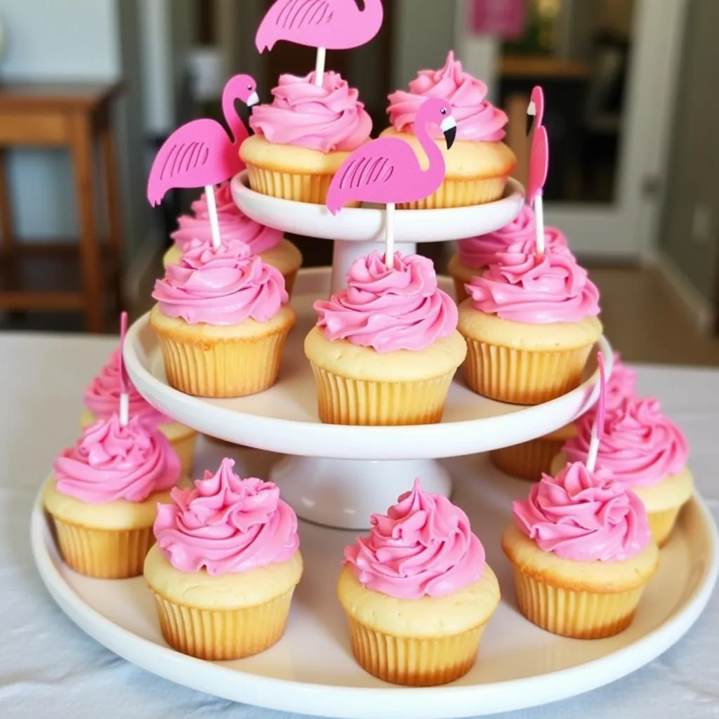 Pink frosted cupcakes arranged on a tiered serving tray