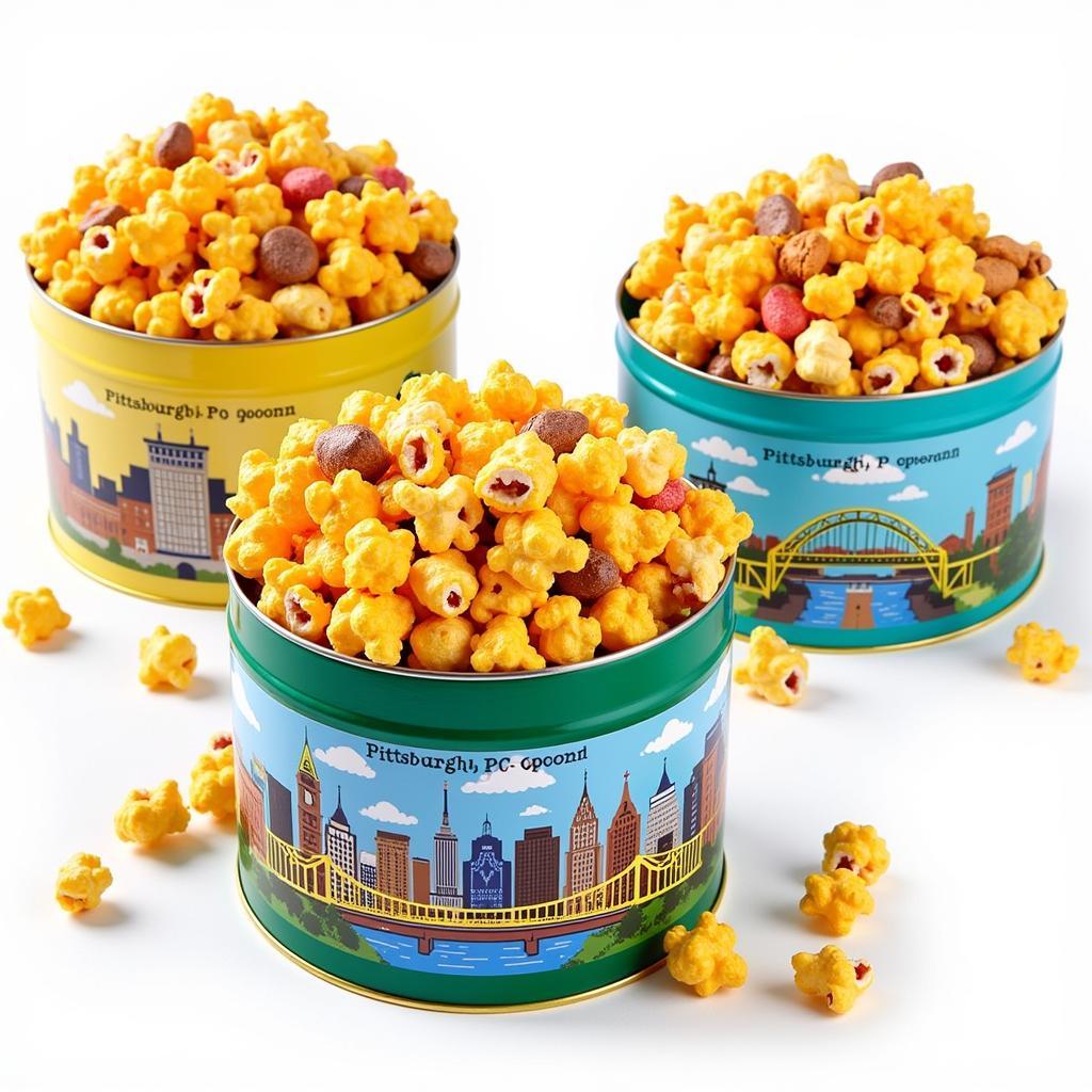 Decorative tins filled with Pittsburgh Popcorn Company's popcorn.