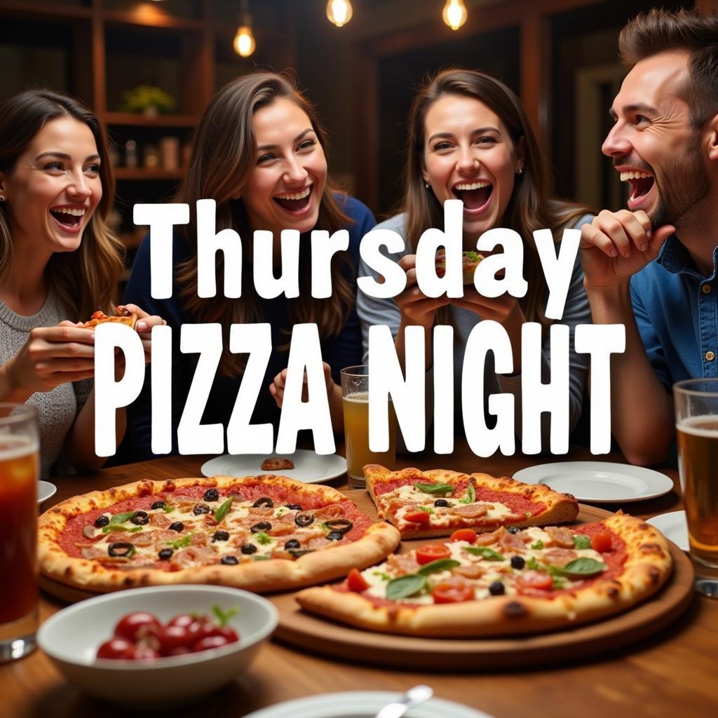 A group of friends enjoying a pizza feast with the text overlay "Thursday Pizza Night"