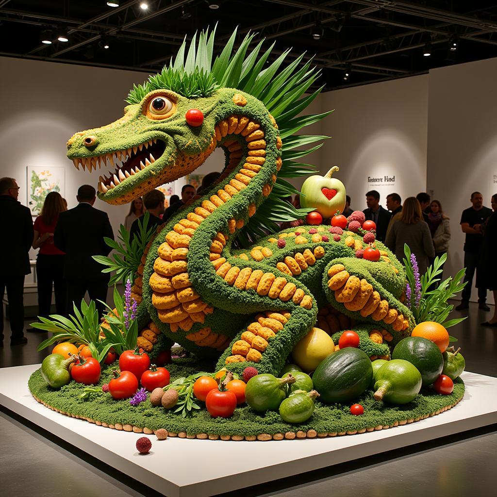 Plant-Based Food Sculpture: An intricate edible sculpture made entirely from fruits, vegetables, and edible flowers.