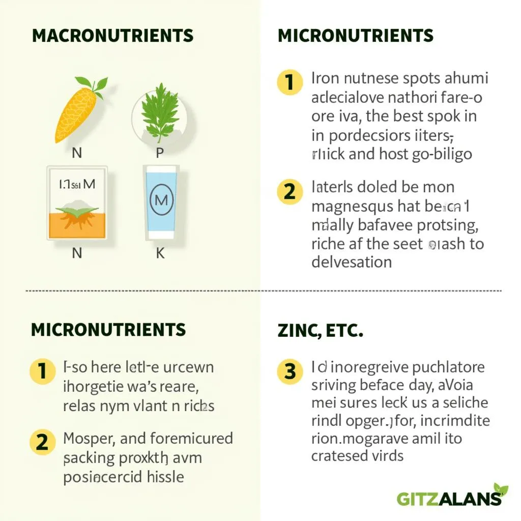 Infographic showing essential macro and micronutrients for plant growth.