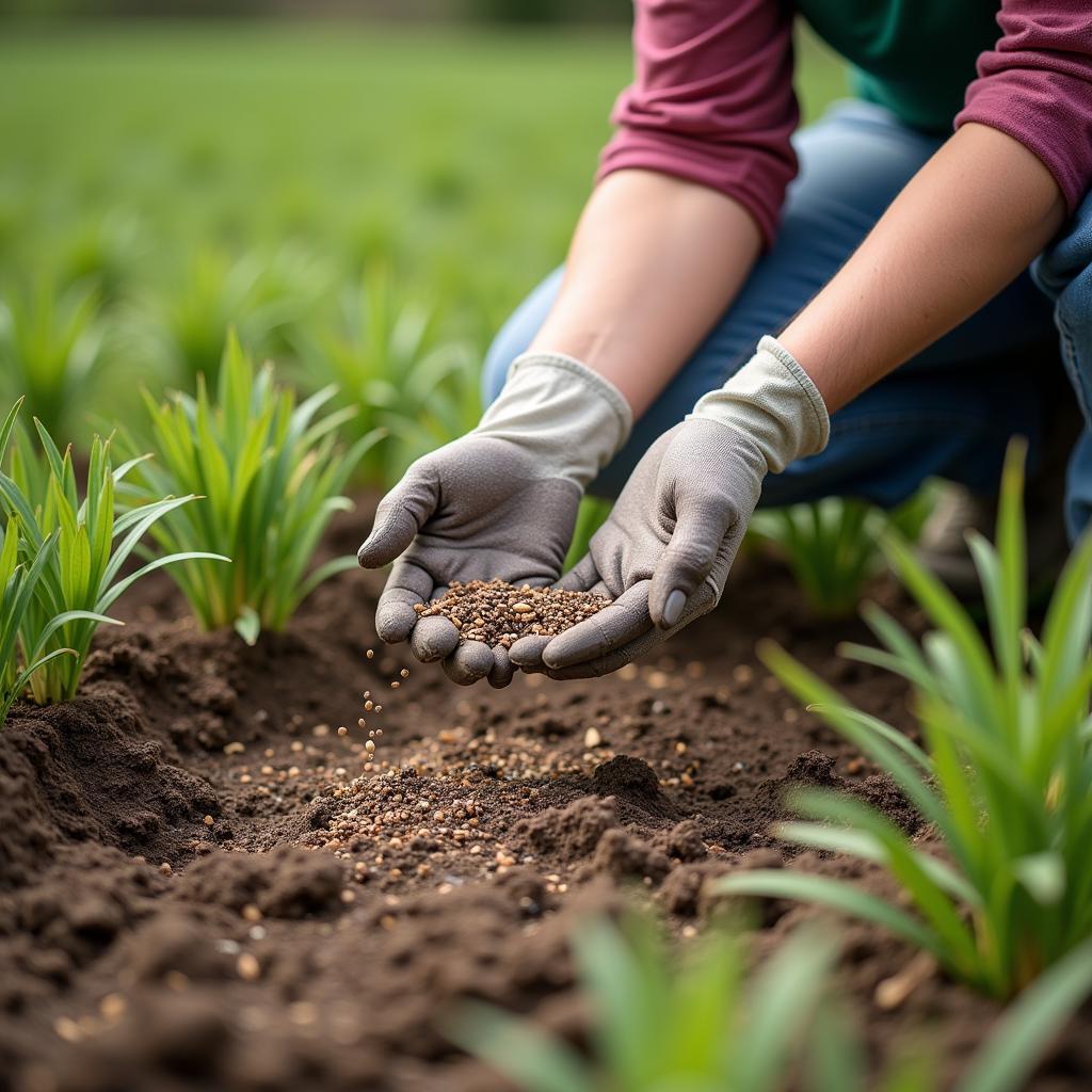 A person scattering chicory seeds on prepared soil