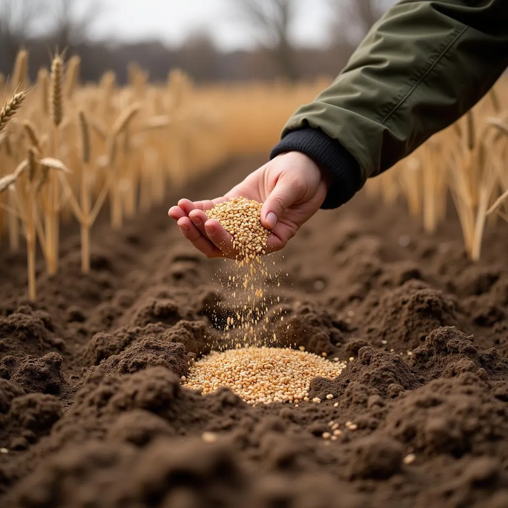 Planting winter wheat seeds in a food plot