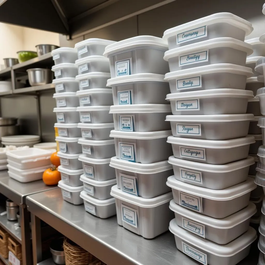 Well-Organized Restaurant Kitchen with Labeled Plastic Food Containers