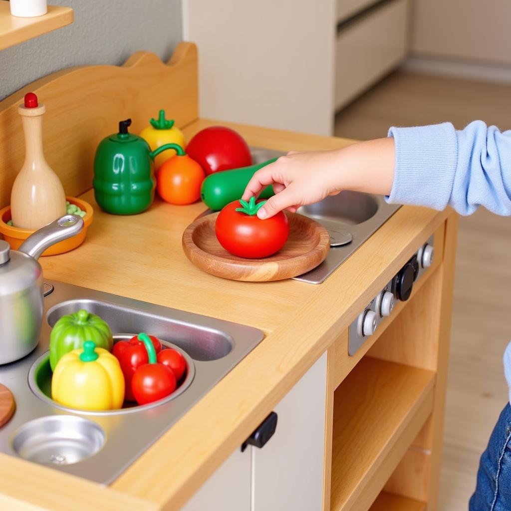 Colorful play kitchen food set.