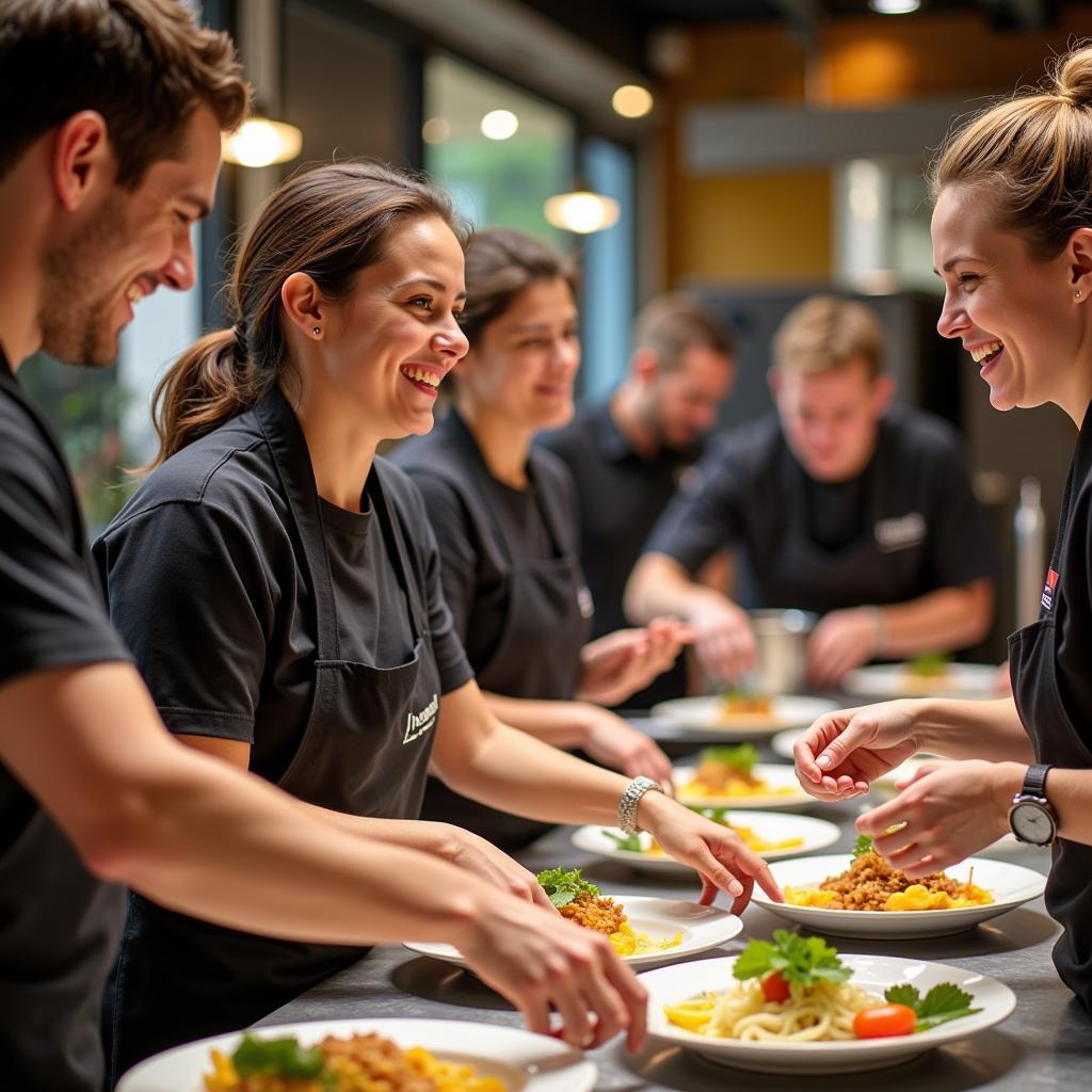 A team of smiling catering staff preparing food in a bright kitchen