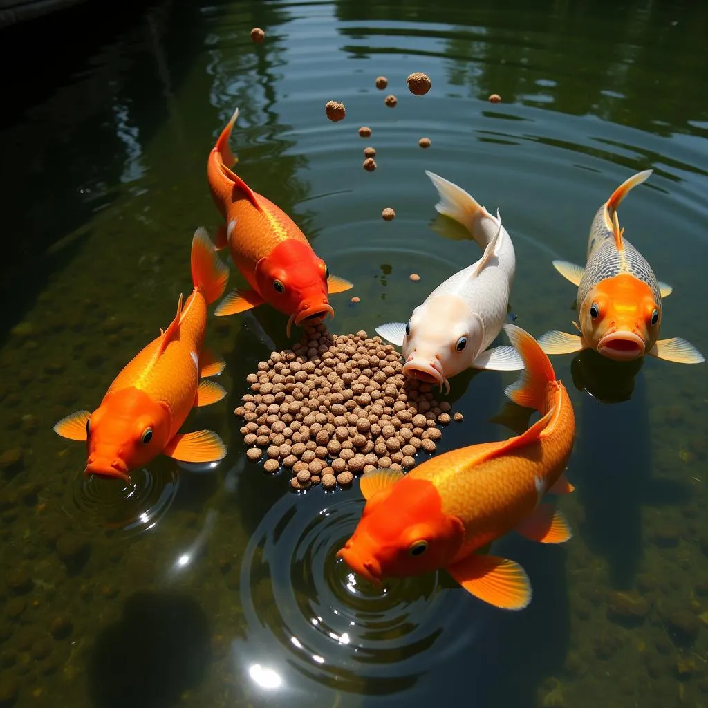 Pond fish consuming food pellets from the water's surface