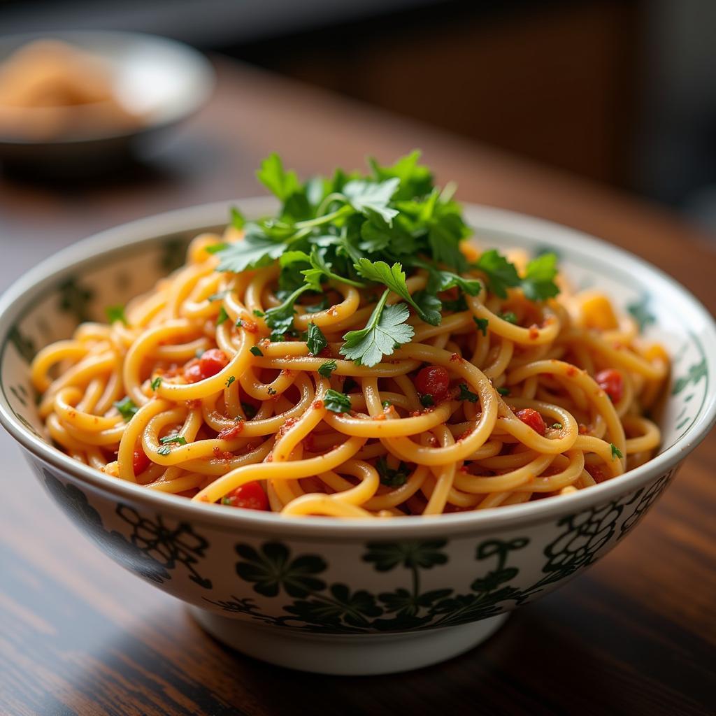 A close-up shot of a steaming bowl of Chinese noodles, garnished with fresh herbs.