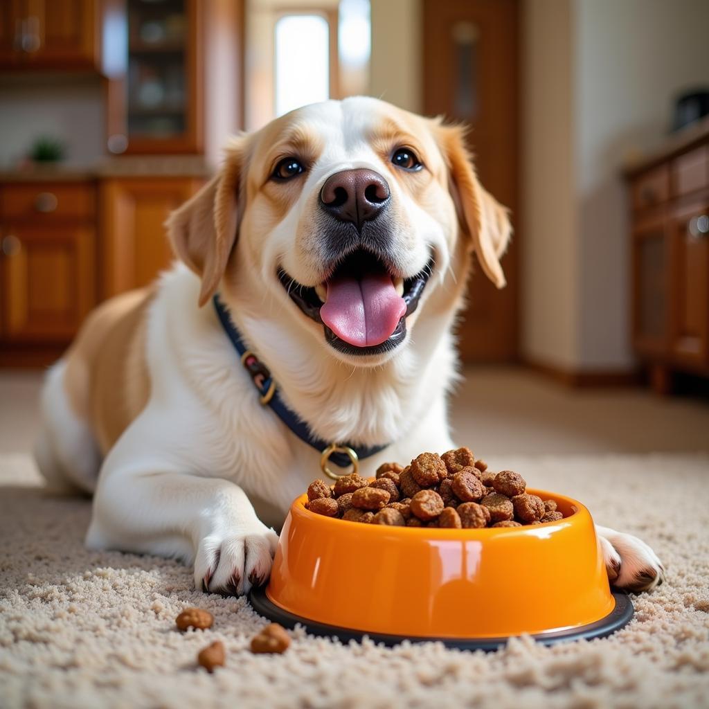 Happy Dog Eating Porky's Luau Dog Food